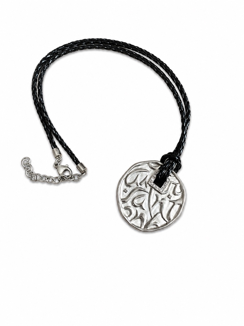 Black Braided Cord Necklace with Silver Textured Disc Pendant (mark shows SG)